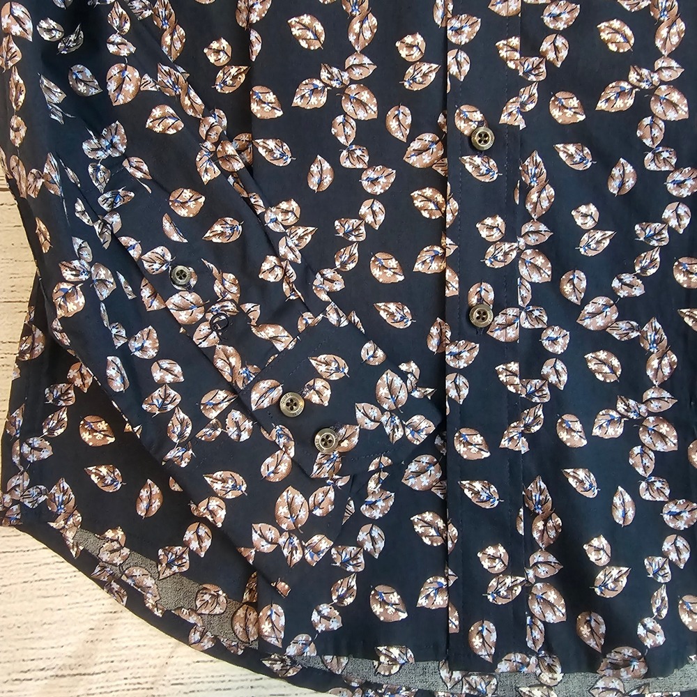 Quieti Stretch Cotton S Small Long Sleeve Navy w/ Leaf Pattern Shirt NWT L975 - Picture 6 of 6